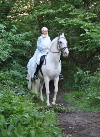 Vrouw verkleed als prinses op wit paard
